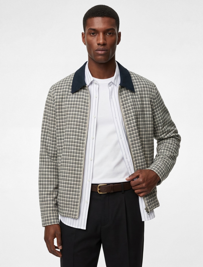  Uzun Kollu Viskon Karışımlı Desenli Cepli Renk Kontrastlı Gömlek Yaka Fermuarlı Bomber Ceket