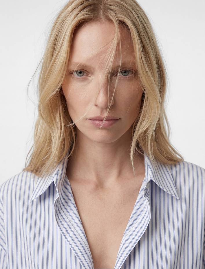  Viskon Kumaş Uzun Kollu Çizgili Crop Gömlek