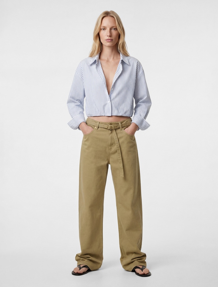  Viskon Kumaş Uzun Kollu Çizgili Crop Gömlek