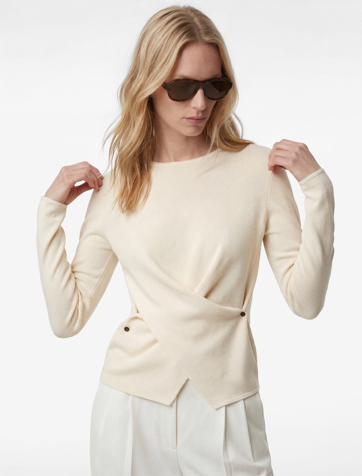  Uzun Kollu Bisiklet Yaka Çapraz Kruvaze Kapama Detaylı Triko Kazak