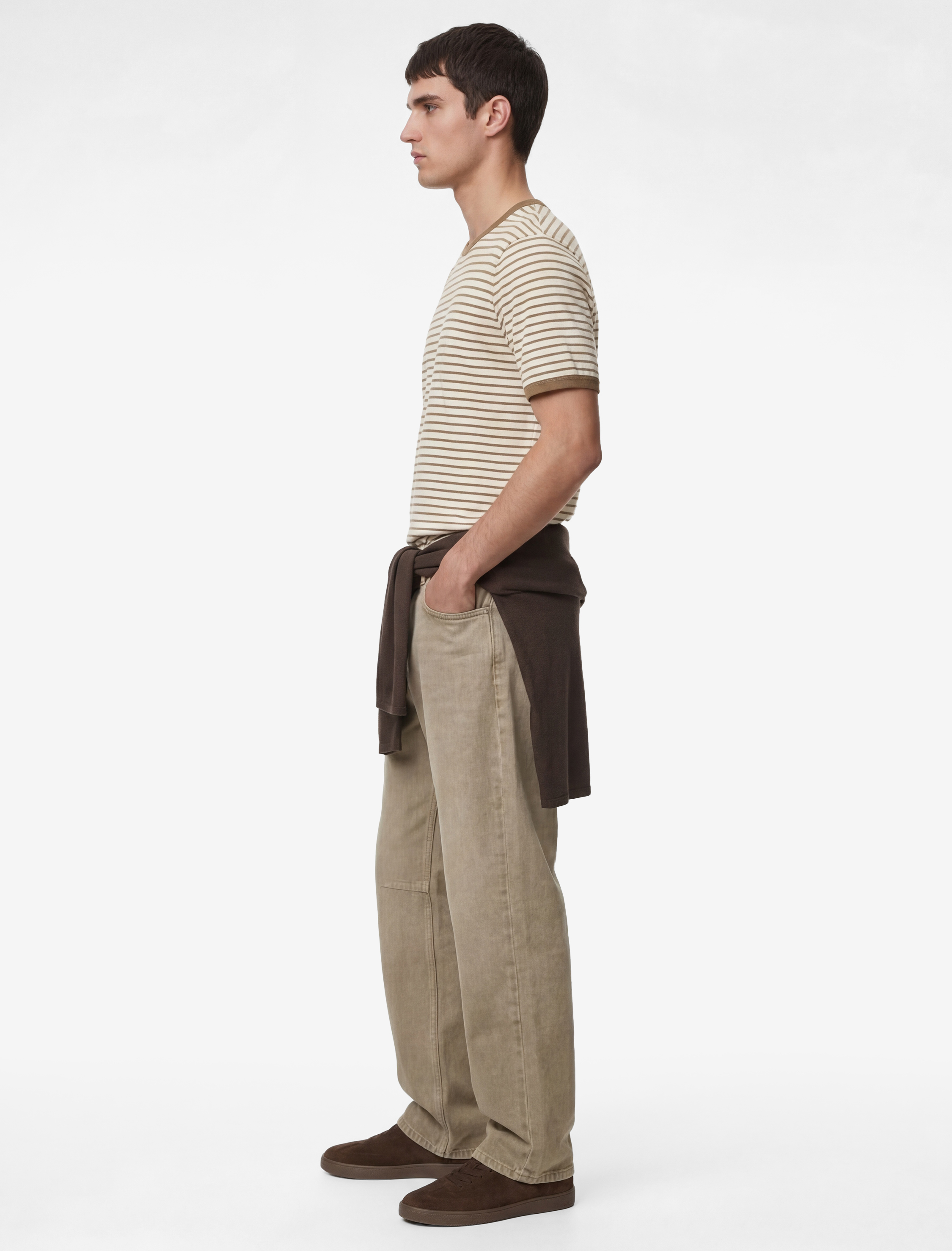   Regular Fit Kısa Kollu Tok Kumaş Biyeli Bisiklet Yaka Çizgili Tişört