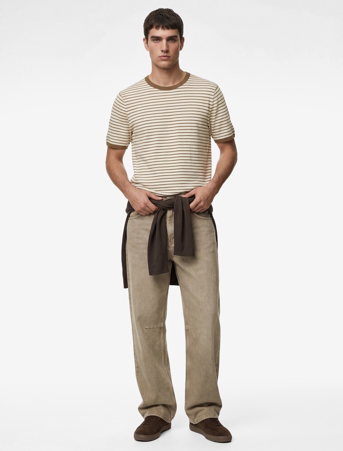  Regular Fit Kısa Kollu Biyeli Bisiklet Yaka Çizgili Tişört