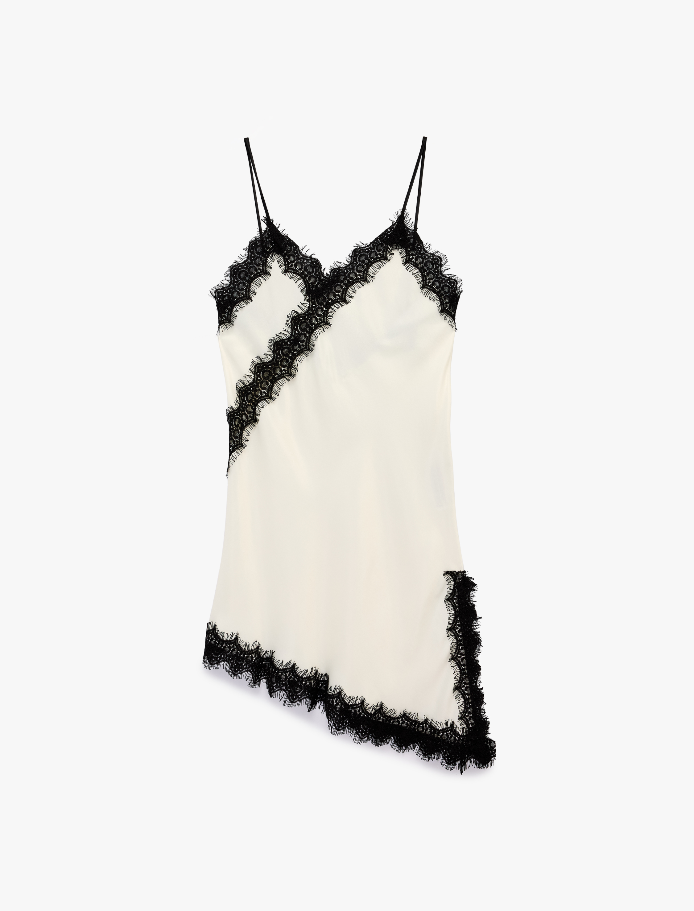   V Yaka İp Askılı Dantel Detaylı Asimetrik Kesim Midi Saten Elbise