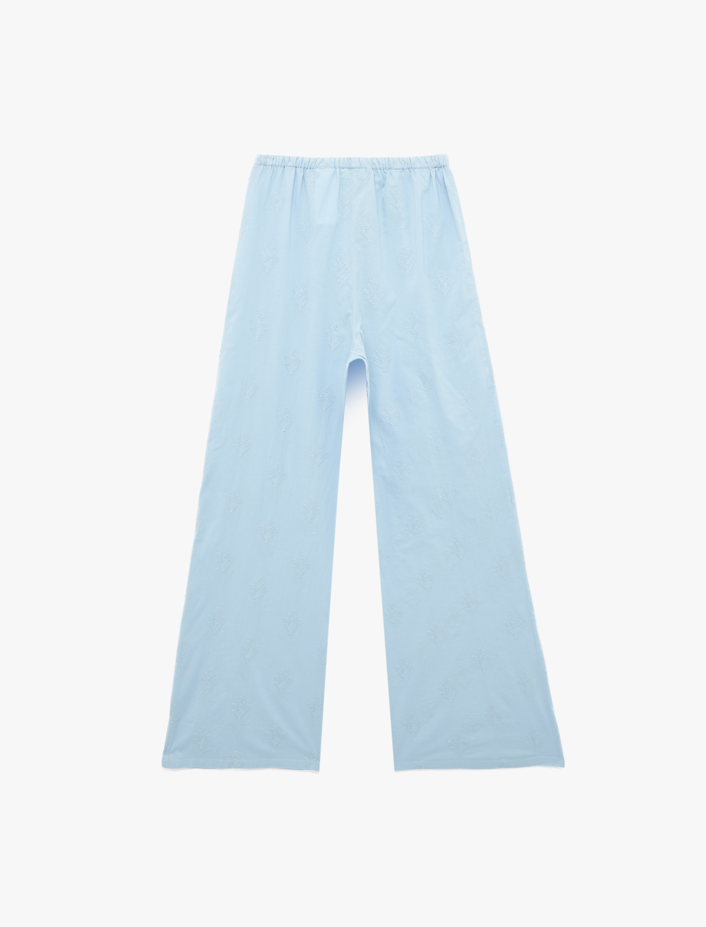   Nakış Detaylı Rahat Kalıp Pamuklu Beli Bağcıklı Geniş Paça Pantolon