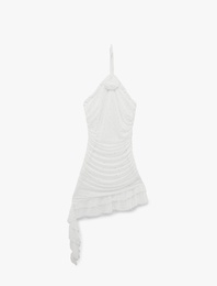 Asimetrik Halter Yaka Taş İşlemeli Gül Aplikeli Mini Abiye Elbise