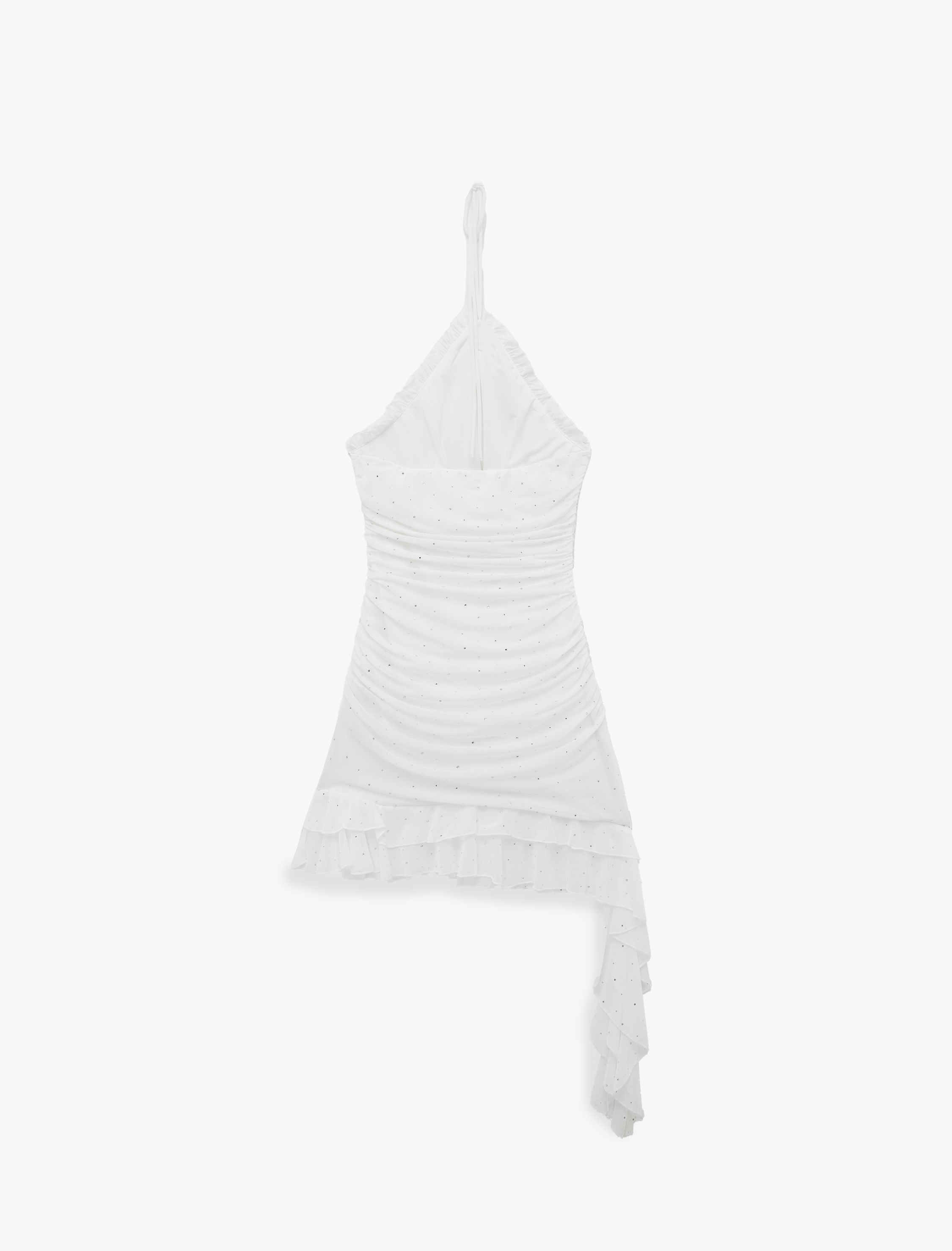   Asimetrik Halter Yaka Taş İşlemeli Gül Aplikeli Mini Abiye Elbise