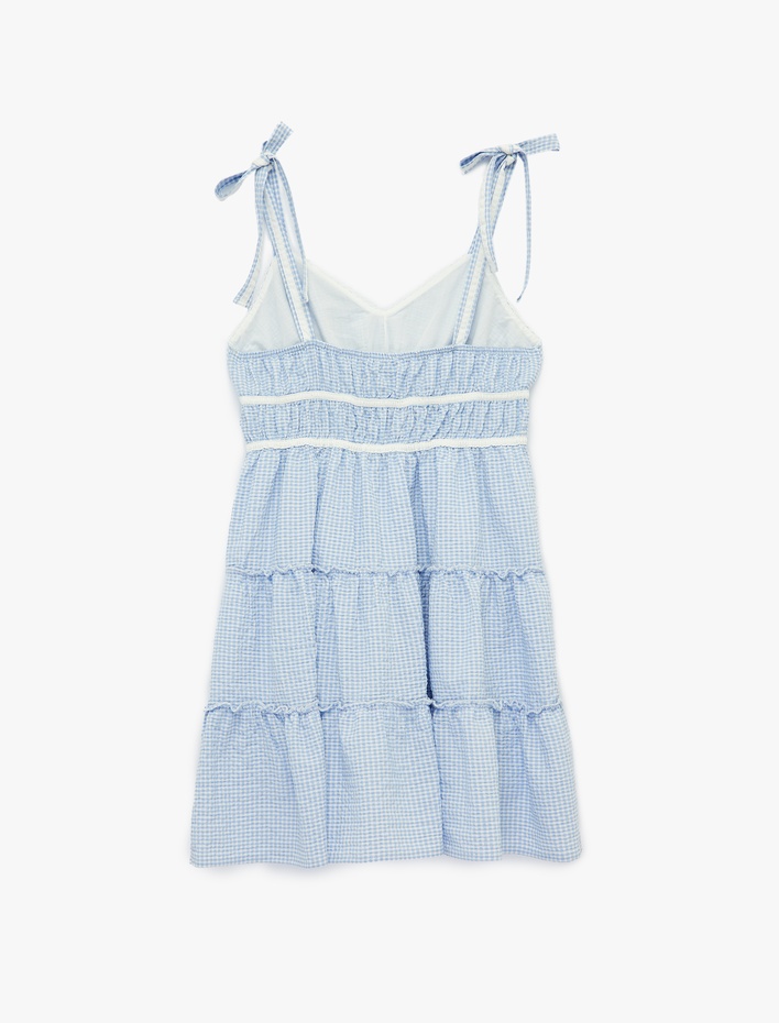  Kolsuz Bağcıklı V Yaka İp Askılı Katlı Pötikareli Mini Elbise