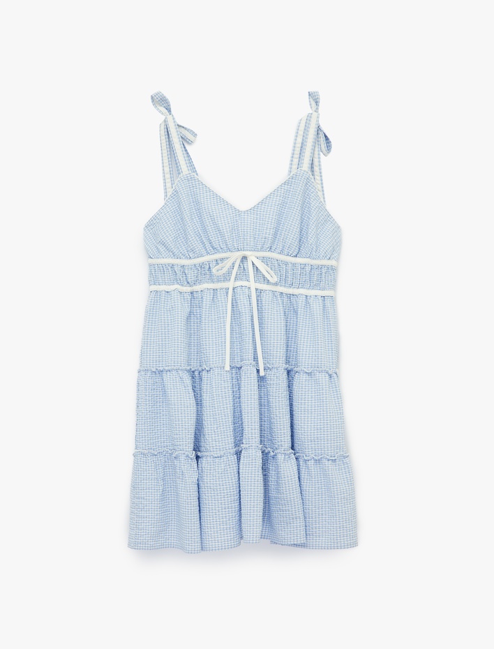  Kolsuz Bağcıklı V Yaka İp Askılı Katlı Pötikareli Mini Elbise