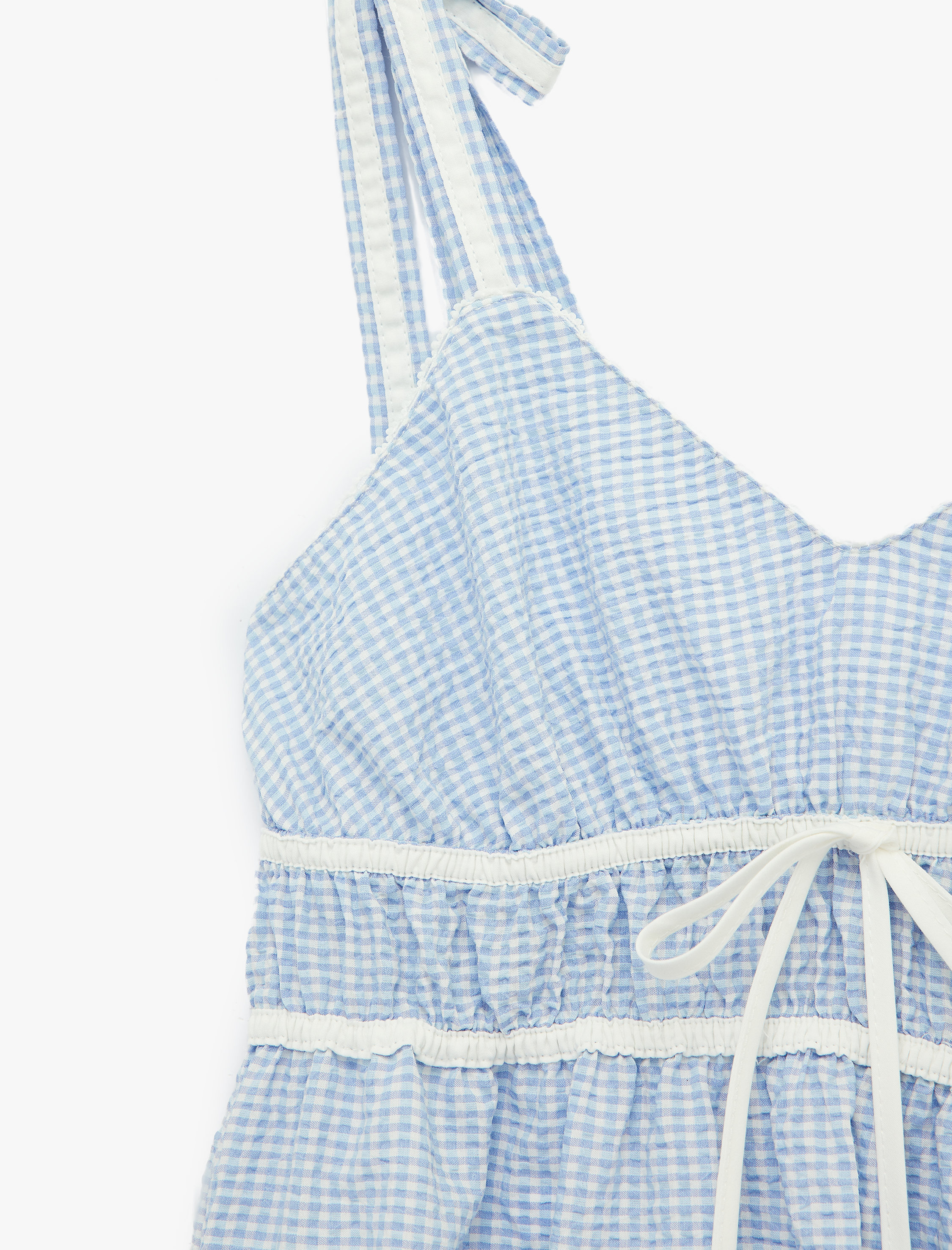   Kolsuz Bağcıklı V Yaka İp Askılı Katlı Pötikareli Mini Elbise