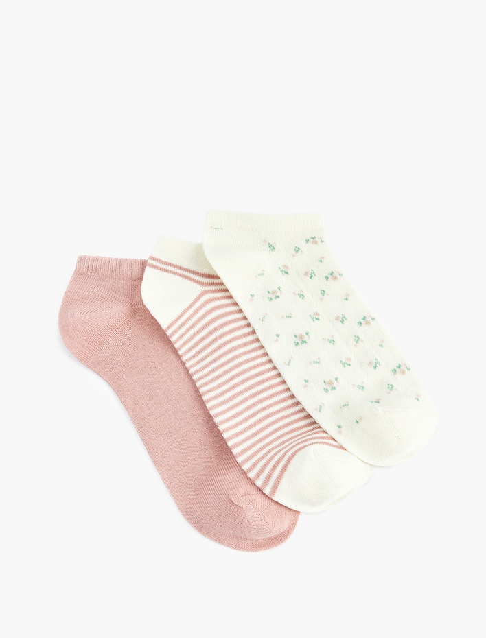 Kadın Çizgili Çiçekli Pamuklu 3'lü Patik Çorap Seti