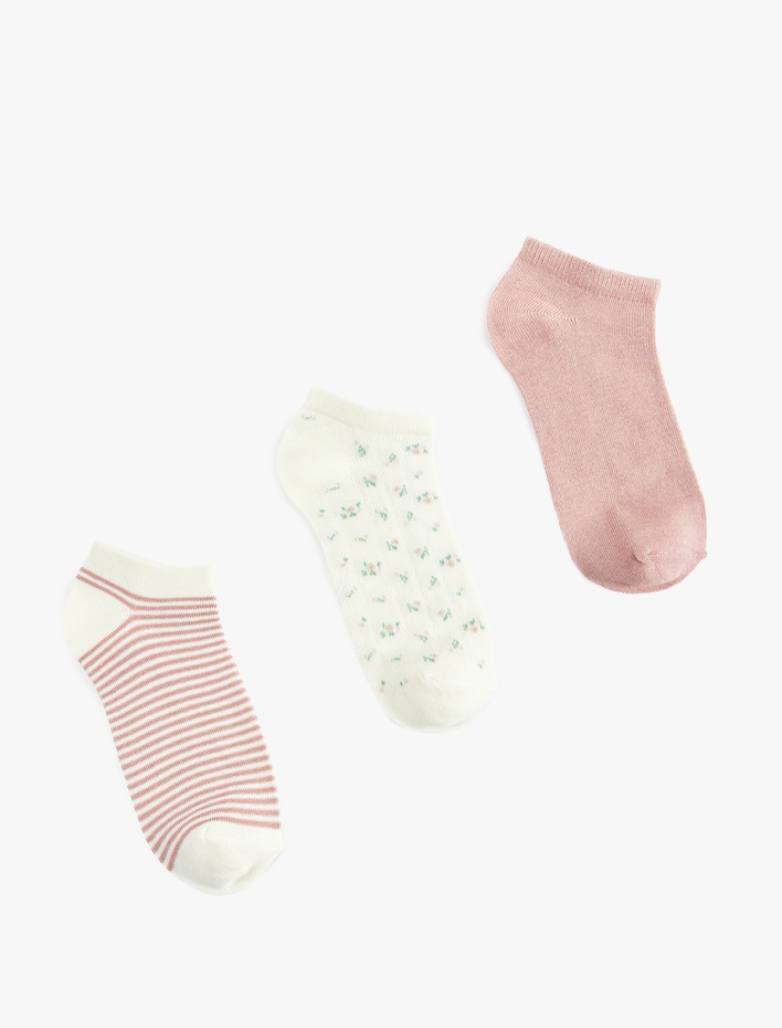 Kadın Çizgili Çiçekli Pamuklu 3'lü Patik Çorap Seti