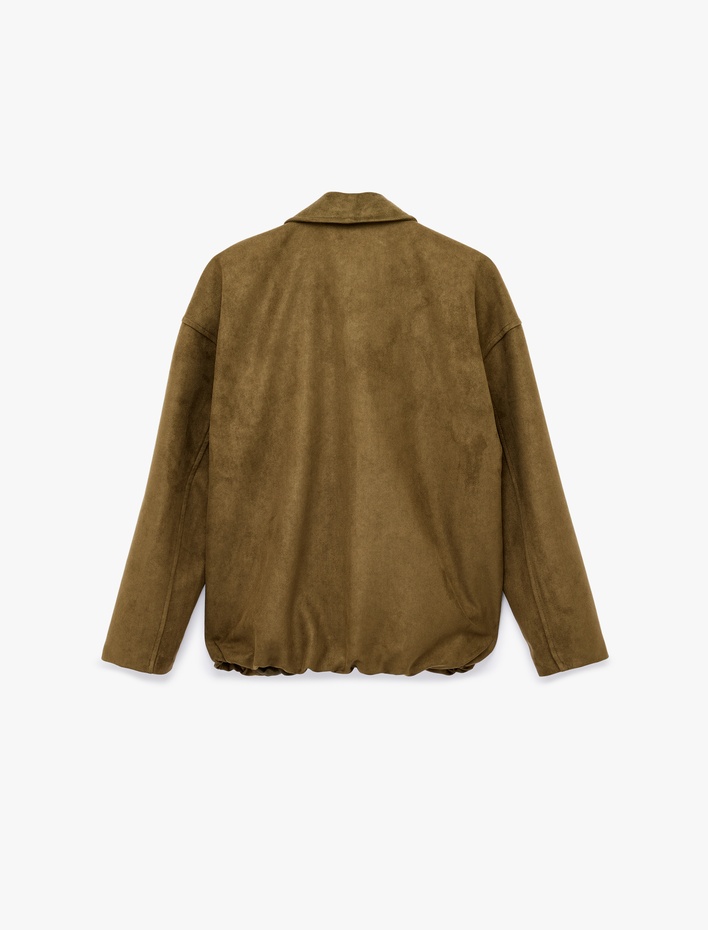  Uzun Kollu Cepli Fermuarlı Suni Süet Ceket