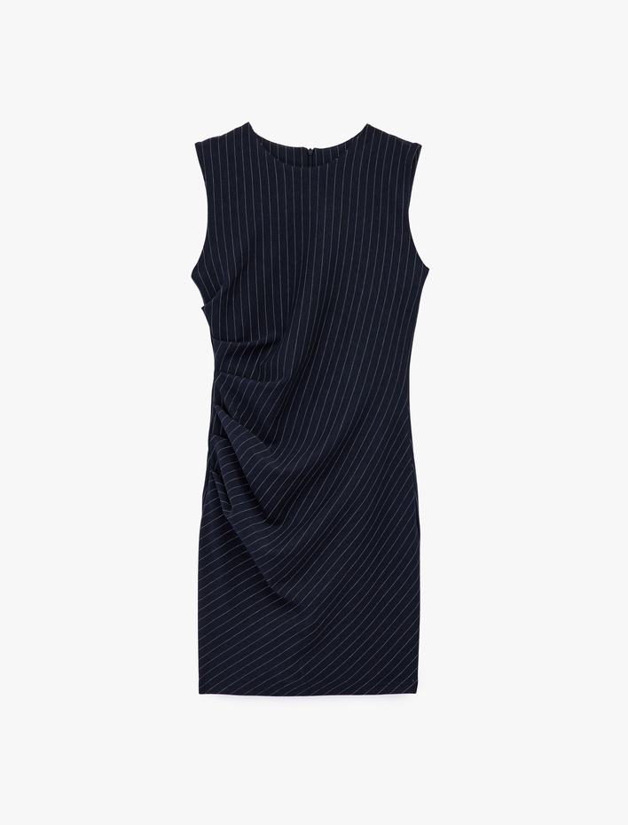  Drapeli Kolsuz Bisiklet Yaka Çizgili Mini Elbise