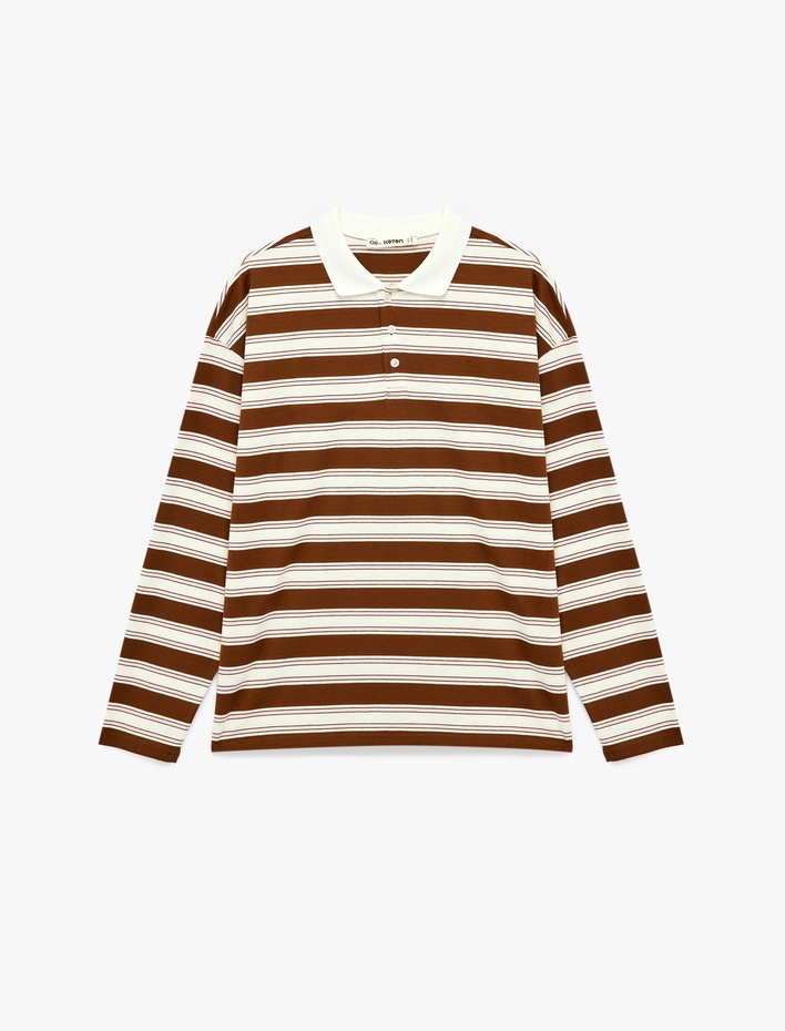  Rahat Kalıp Pamuklu Düğmeli Uzun Kollu Polo Yaka Çizgili Tişört