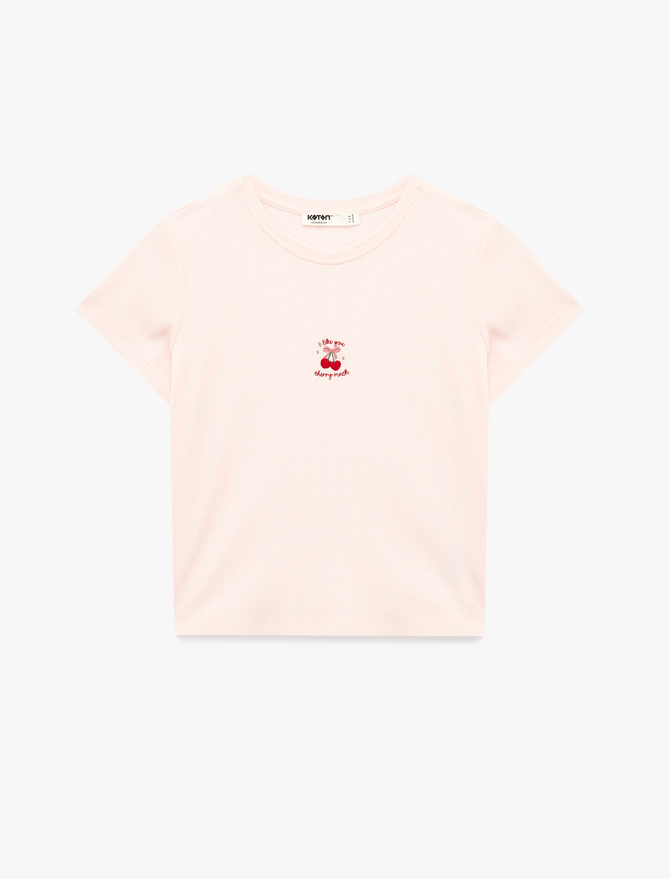   Kısa Kollu Bisiklet Yaka Dokulu Kiraz İşlemeli Pijama Üstü