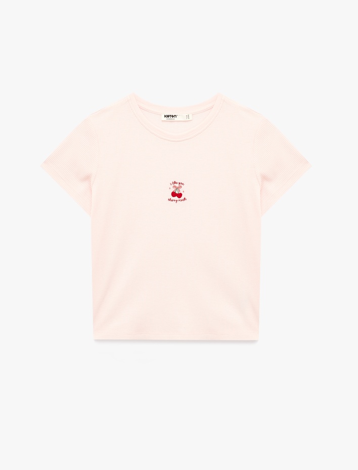  Kısa Kollu Bisiklet Yaka Dokulu Kiraz İşlemeli Pijama Üstü