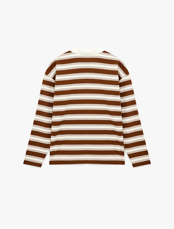  Rahat Kalıp Pamuklu Düğmeli Uzun Kollu Polo Yaka Çizgili Tişört