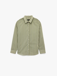 Düğmeli Regular Fit Pamuklu Poplin Klasik Yaka Uzun Kollu Çizgili Gömlek