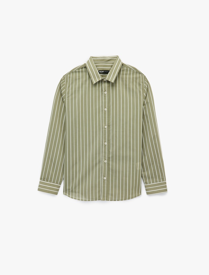  Düğmeli Regular Fit Pamuklu Poplin Klasik Yaka Uzun Kollu Çizgili Gömlek