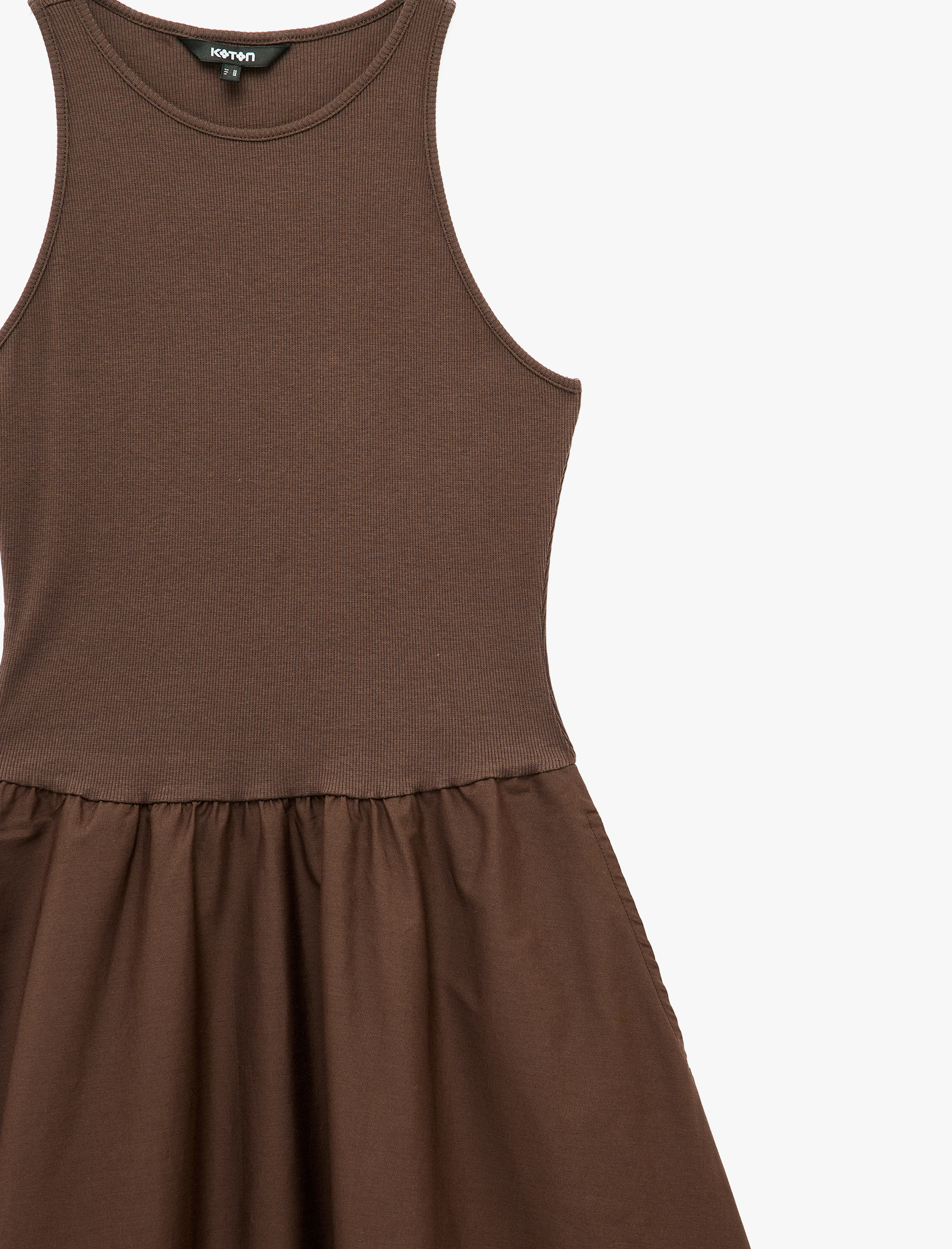   İki Farklı Kumaş Kullanımlı Pamuklu Bisiklet Yaka Kolsuz Uzun Elbise