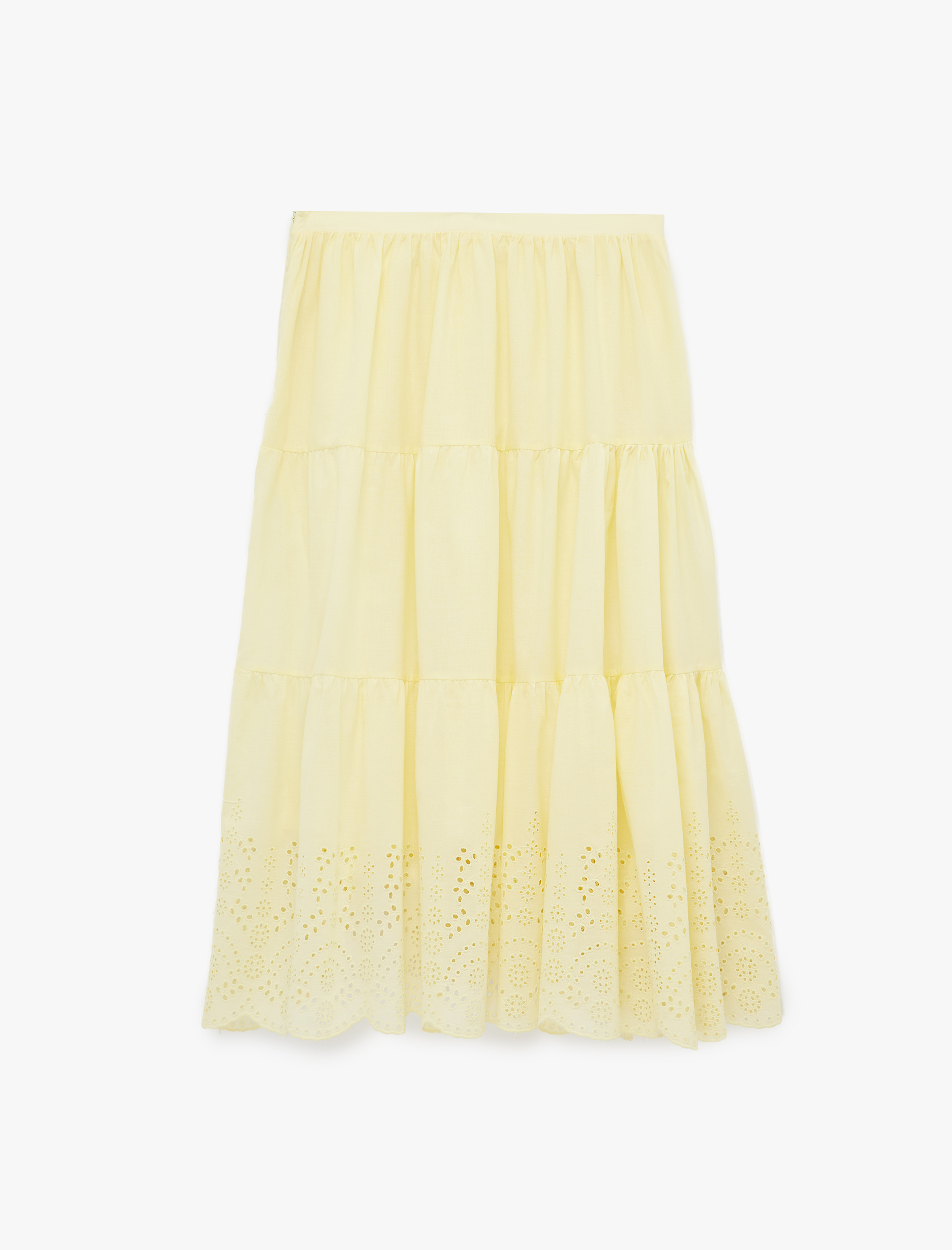   Brodeli Beli Lastikli Volanlı Uzun Etek