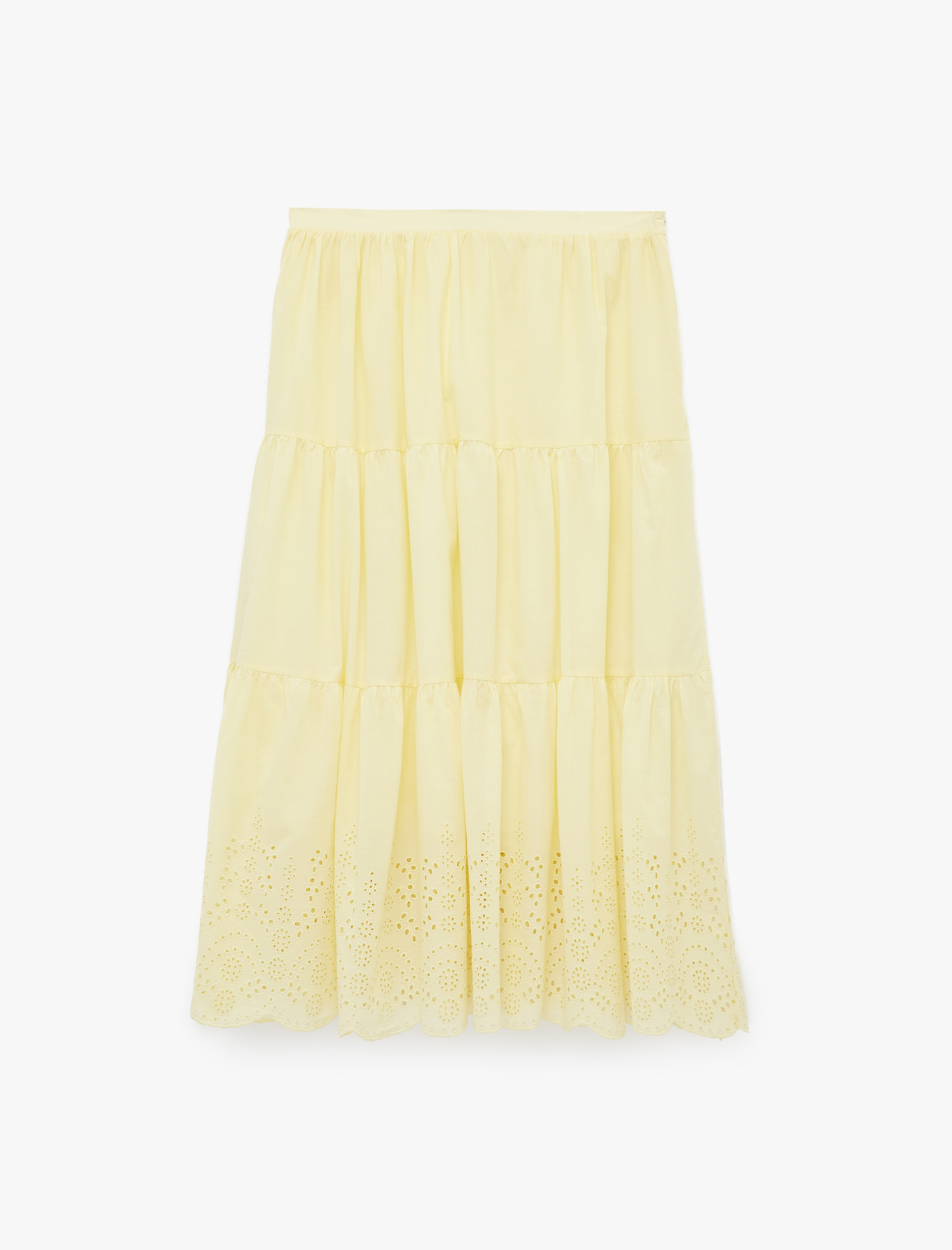   Brodeli Beli Lastikli Volanlı Uzun Etek