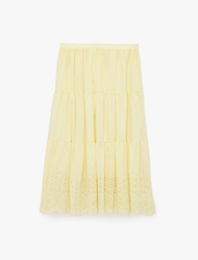 Brodeli Beli Lastikli Volanlı Uzun Etek