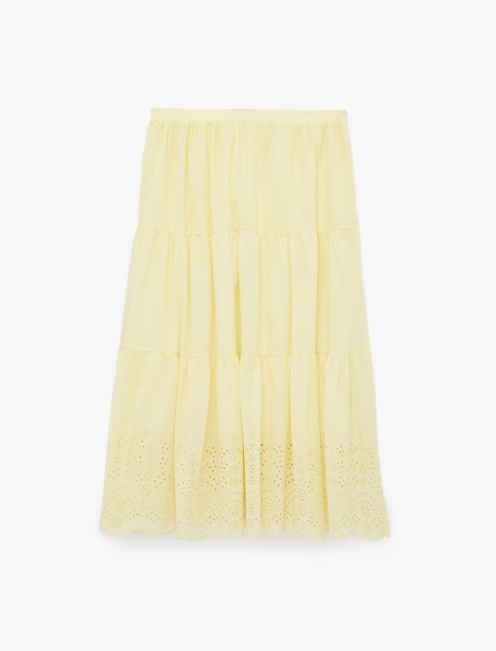  Brodeli Beli Lastikli Volanlı Uzun Etek