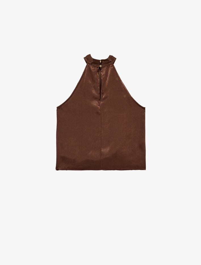  Asimetrik Kolsuz Halter Yaka Saten Bluz