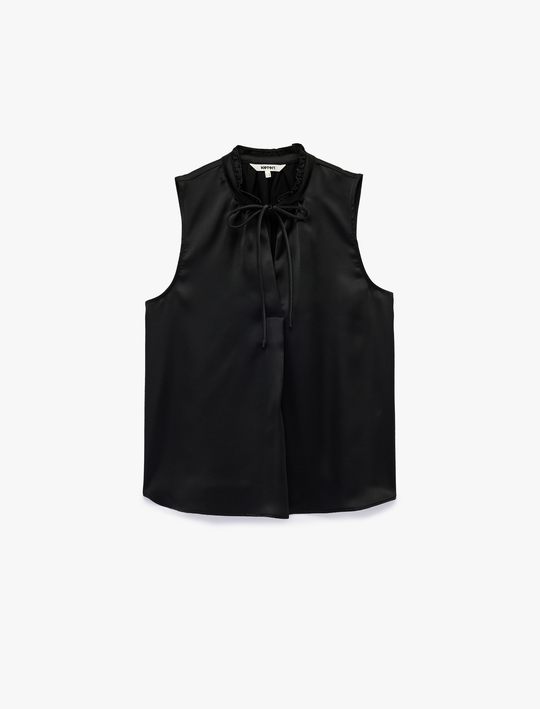   Bağlama Detaylı Fırfırlı Dik Yaka Kolsuz Saten Bluz