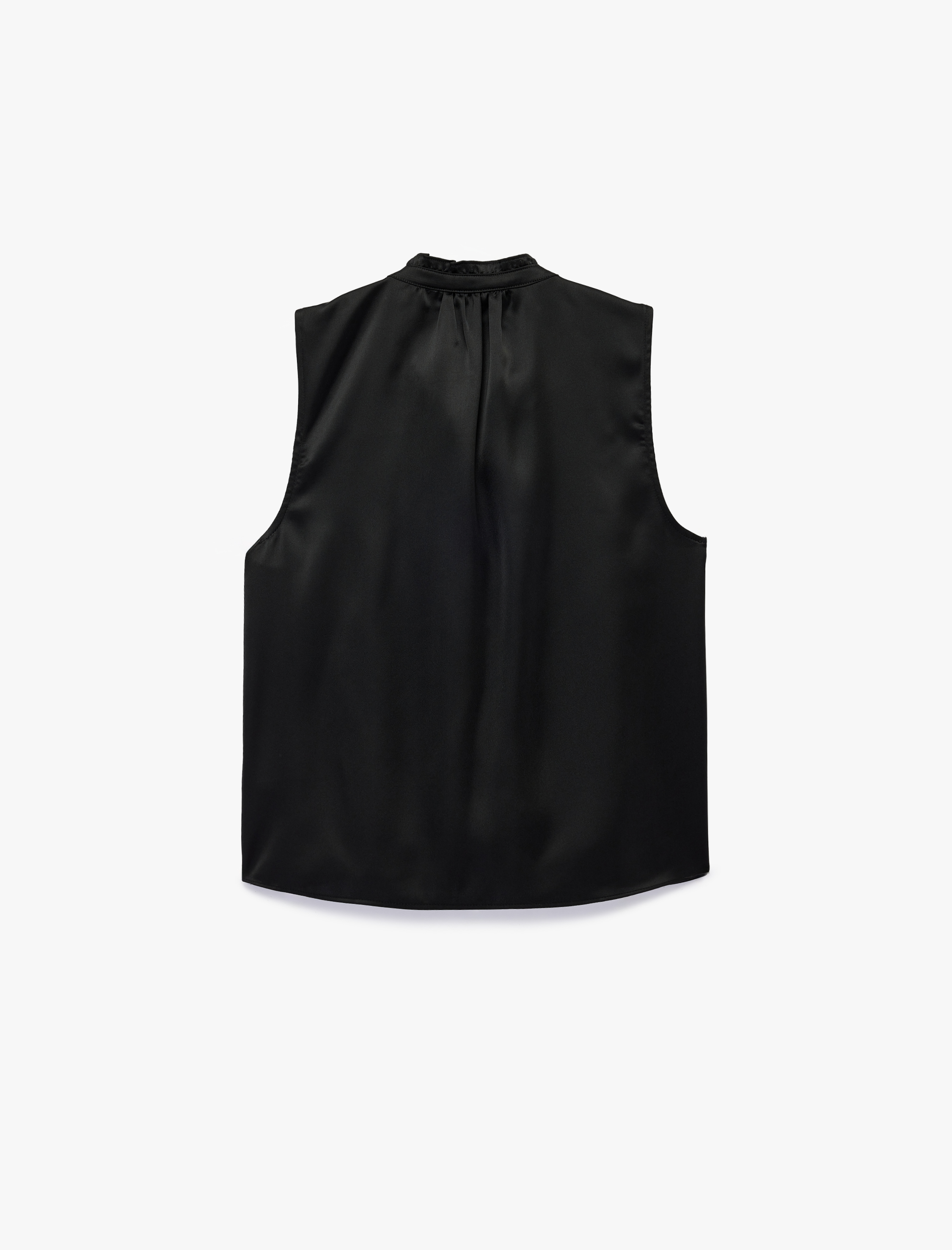   Bağlama Detaylı Fırfırlı Dik Yaka Kolsuz Saten Bluz