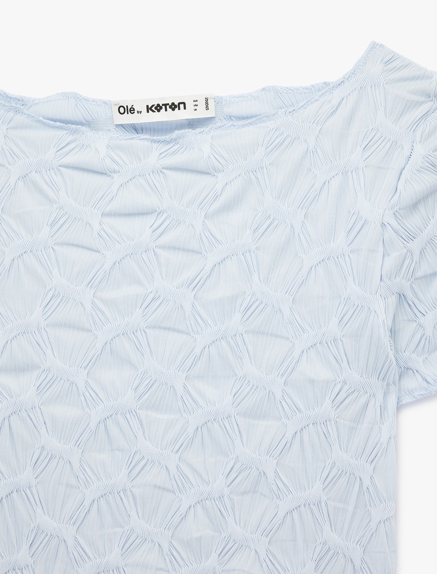 Mavi Bürümcük Kumaş Slim Fit Kısa Kollu Kayık Yaka Crop Tişört