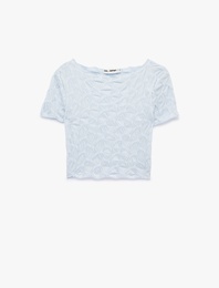 Bürümcük Kumaş Slim Fit Kısa Kollu Kayık Yaka Crop Tişört