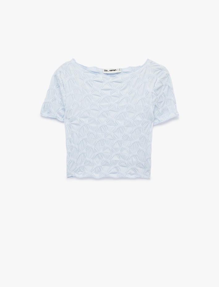  Bürümcük Kumaş Slim Fit Kısa Kollu Kayık Yaka Crop Tişört