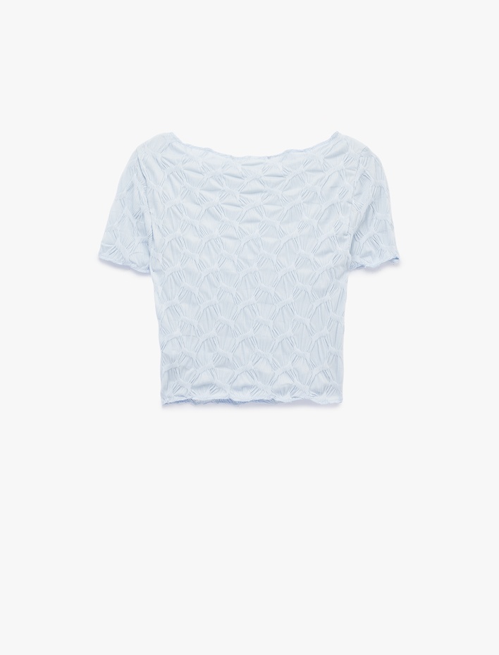  Bürümcük Kumaş Slim Fit Kısa Kollu Kayık Yaka Crop Tişört