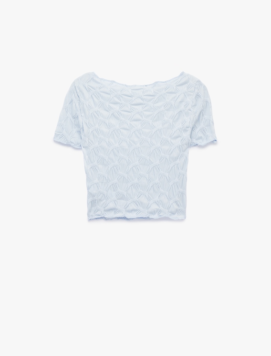 Mavi Bürümcük Kumaş Slim Fit Kısa Kollu Kayık Yaka Crop Tişört