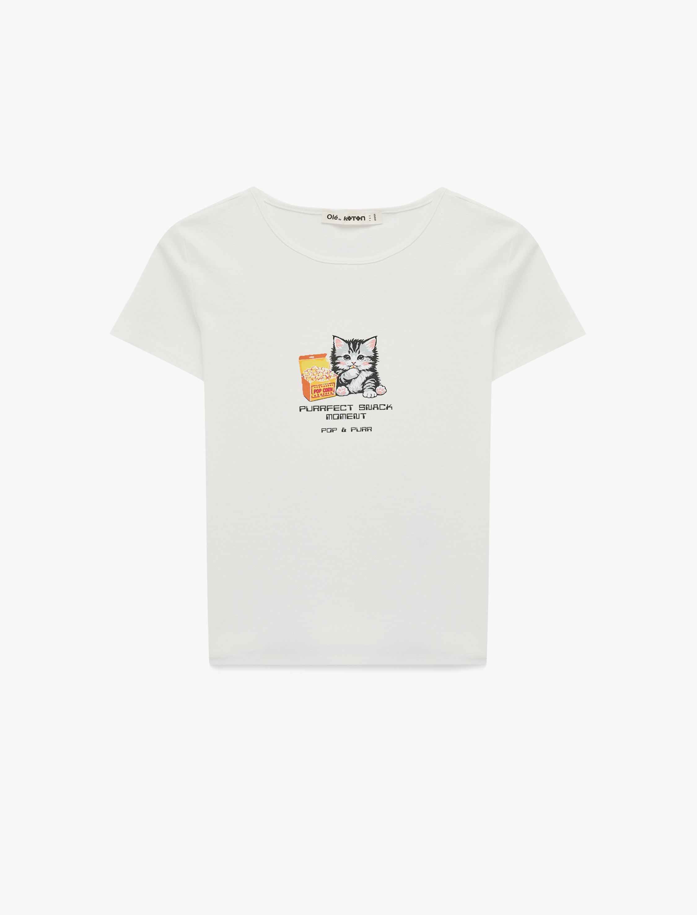   Slim Fit Kısa Kollu Kedi Baskılı Bisiklet Yaka Tişört