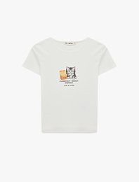 Slim Fit Kısa Kollu Kedi Baskılı Bisiklet Yaka Tişört