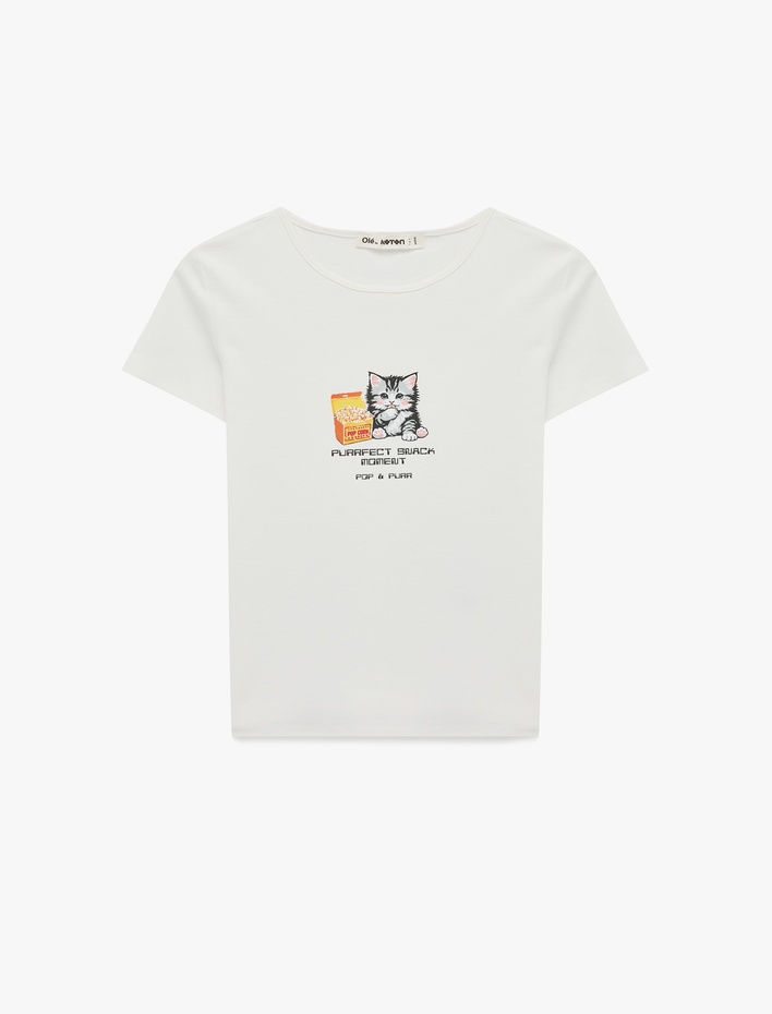 Slim Fit Kısa Kollu Kedi Baskılı Bisiklet Yaka Tişört