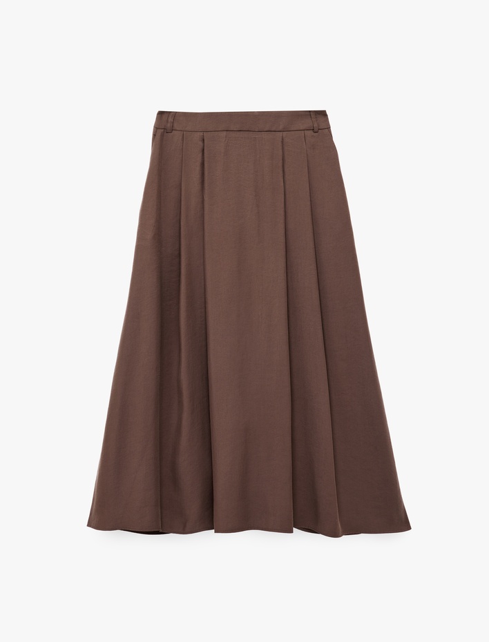  Rahat Kalıp Modal Kumaş Cepli Pileli Midi Kloş Etek