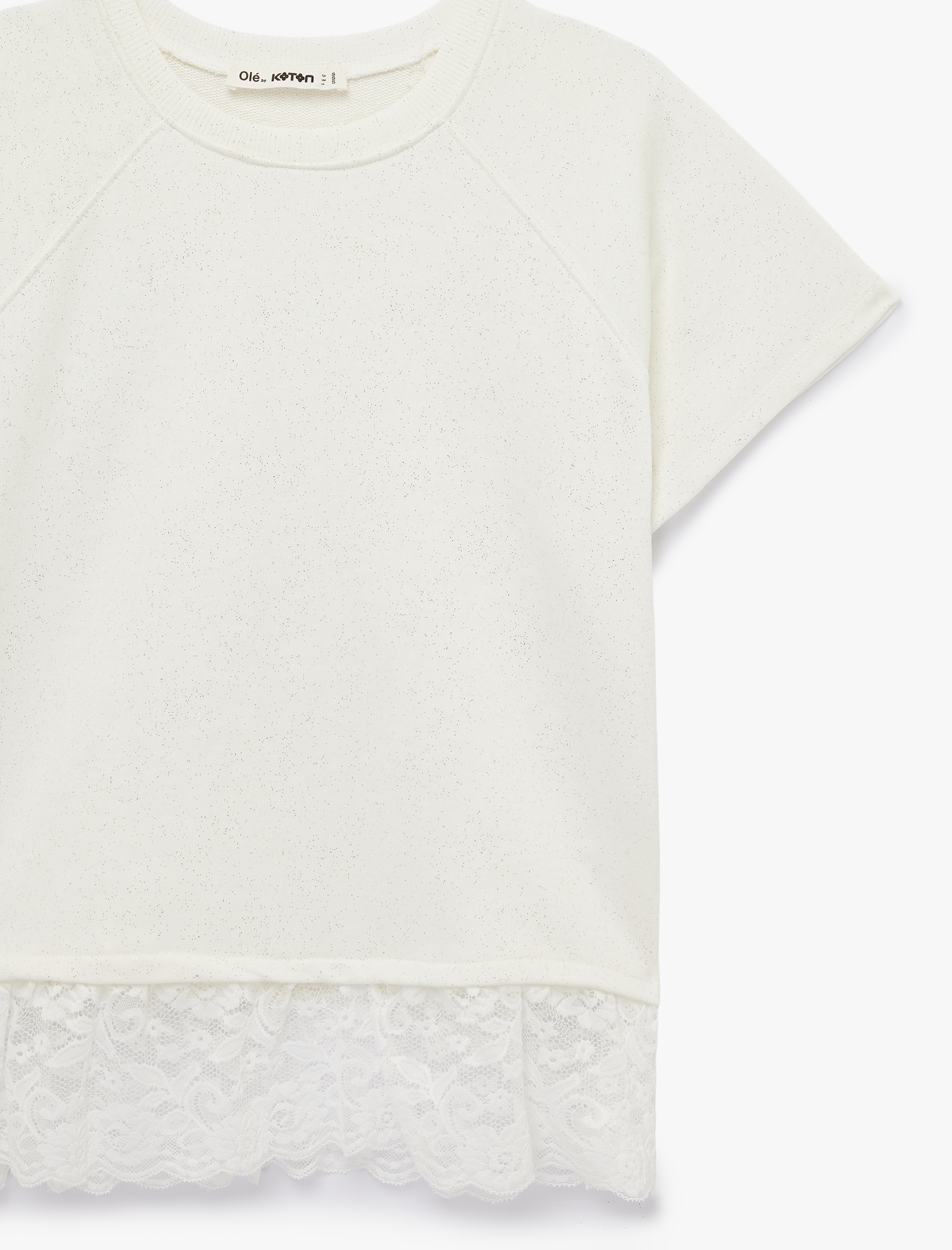   Kısa Kollu Bisiklet Yaka Pamuklu Simli Dantelli Tişört