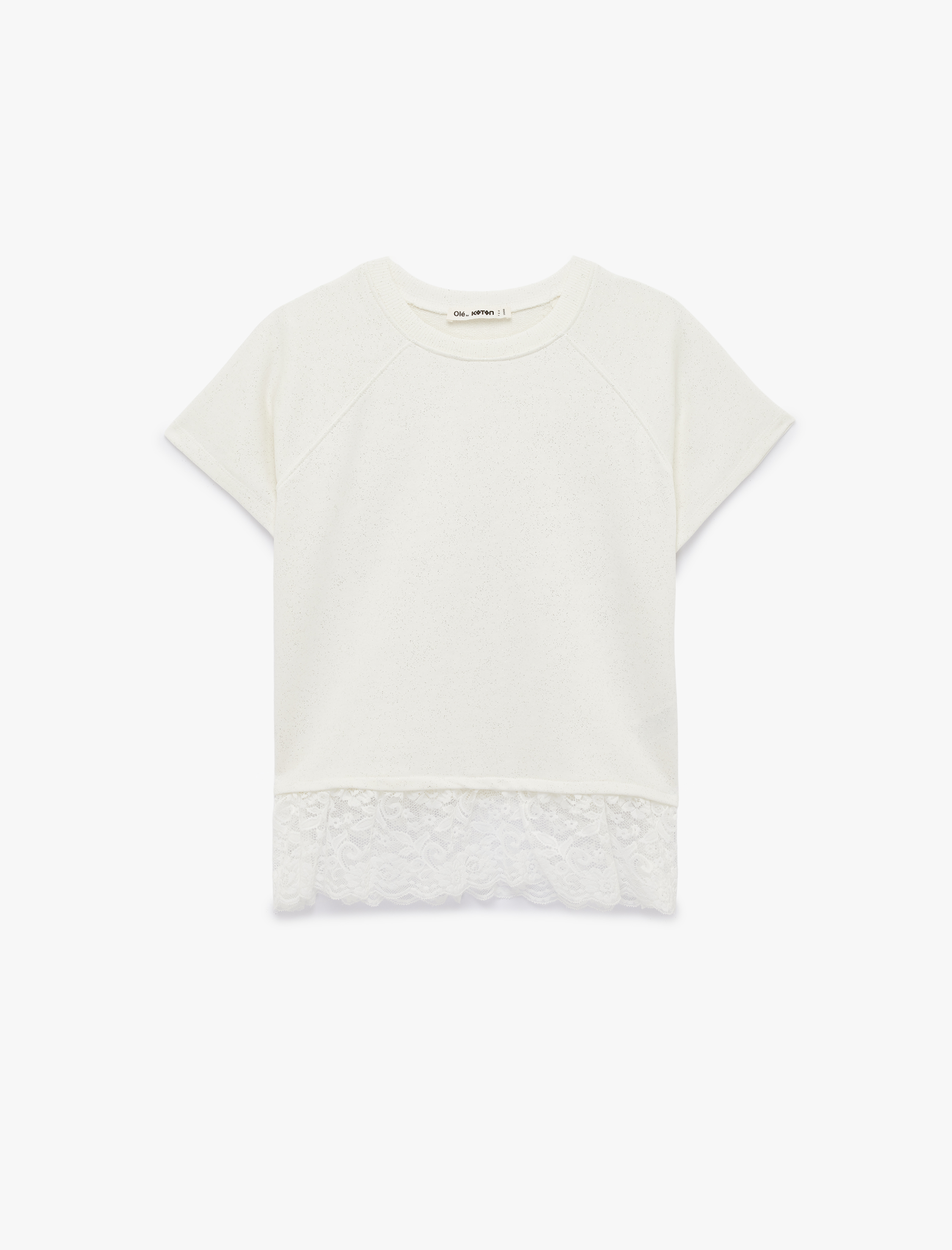   Kısa Kollu Bisiklet Yaka Pamuklu Simli Dantelli Tişört