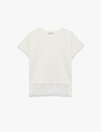 Kısa Kollu Bisiklet Yaka Pamuklu Simli Dantelli Tişört