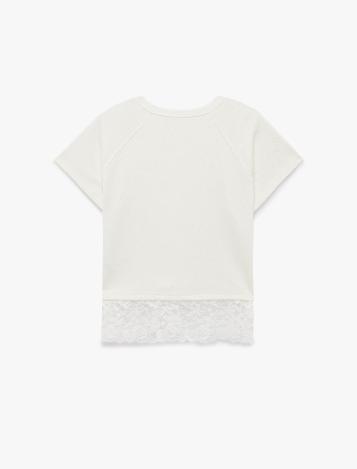  Kısa Kollu Bisiklet Yaka Pamuklu Simli Dantelli Tişört