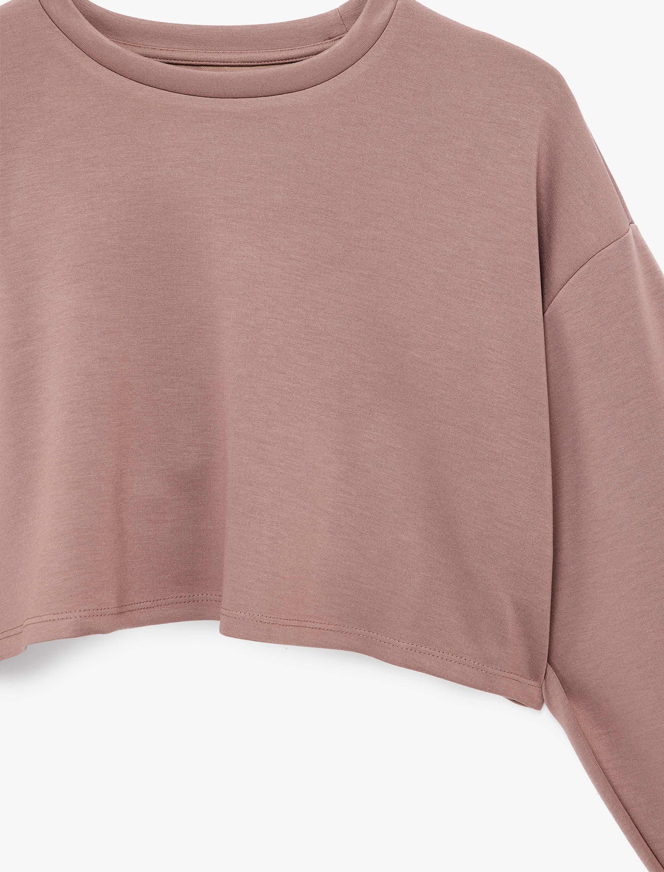   Rahat Kalıp Uzun Kollu Bisiklet Yaka Viskon Karışımlı Spor Crop Sweatshirt