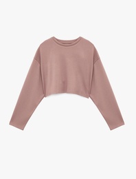 Rahat Kalıp Uzun Kollu Bisiklet Yaka Viskon Karışımlı Spor Crop Sweatshirt