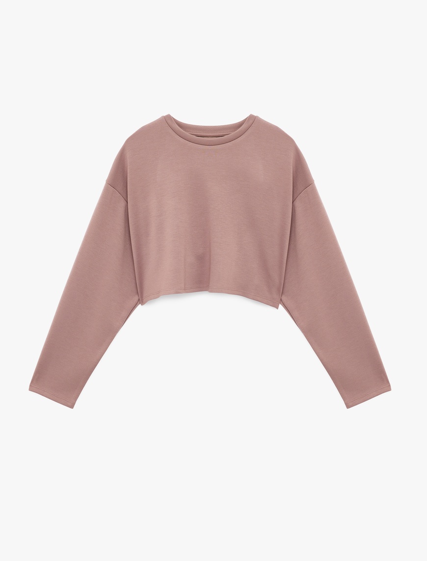 Koton Kadın Rahat Kalıp Uzun Kollu Bisiklet Yaka Viskon Karışımlı Spor Crop Sweatshirt
