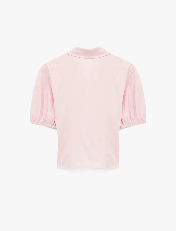  Pamuklu Slim Fit Kısa Balon Kollu Klasik Yaka Crop Bluz
