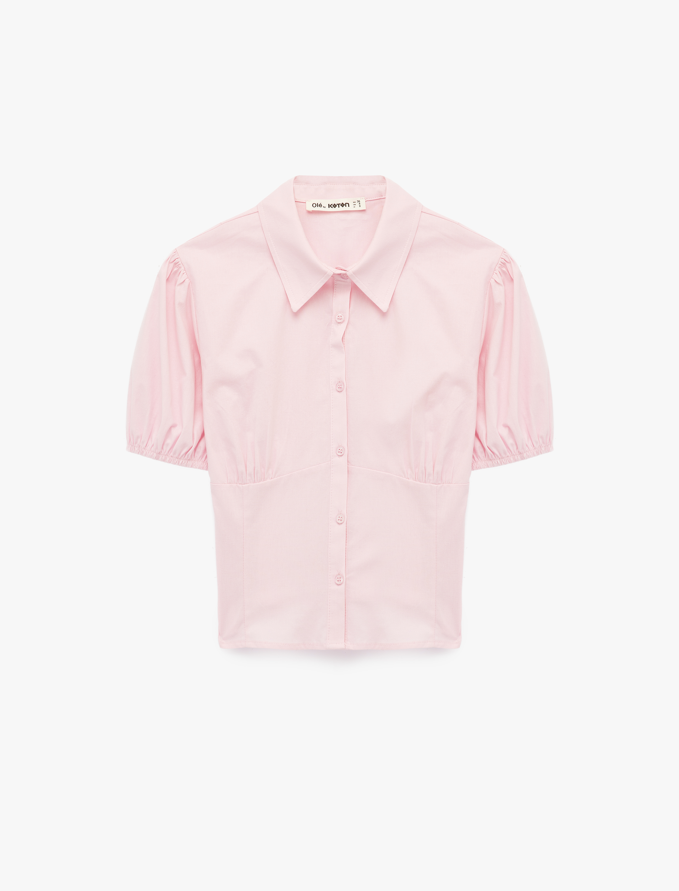   Pamuklu Slim Fit Kısa Balon Kollu Klasik Yaka Crop Bluz