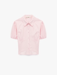 Pamuklu Slim Fit Kısa Balon Kollu Klasik Yaka Crop Bluz